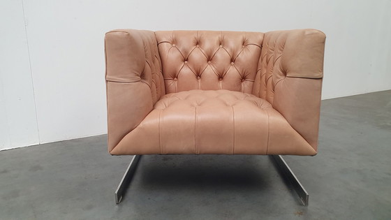 Image 1 of chesterfield vintage design armchair camel beige leather cube model