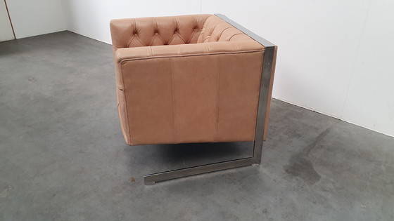 Image 1 of fauteuil chesterfield vintage design cuir beige camel modèle cube