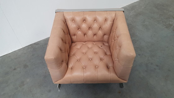 Image 1 of chesterfield vintage design armchair camel beige leather cube model