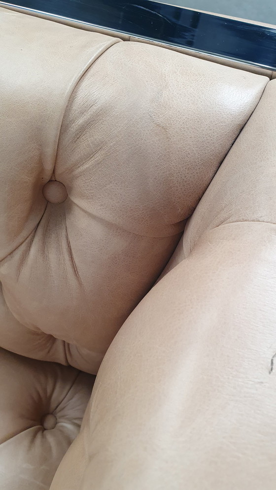 Image 1 of chesterfield vintage design armchair camel beige leather cube model