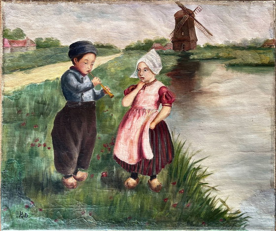 Image 1 of Period painting "Un air de pipeau devant le moulin" ("A pipe tune in front of the mill")