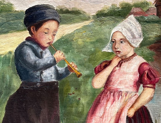 Image 1 of Period painting "Un air de pipeau devant le moulin" ("A pipe tune in front of the mill")