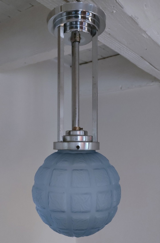 Image 1 of Blue Metal Art Deco Glass Hanging Lamp