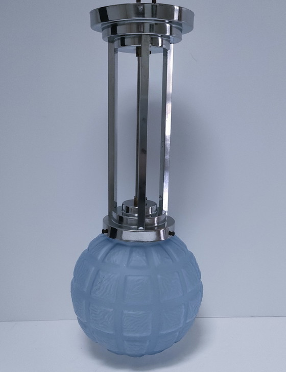 Image 1 of Blue Metal Art Deco Glass Hanging Lamp