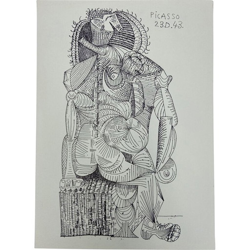 Vintage lithograph sitting woman by Picasso, 1943