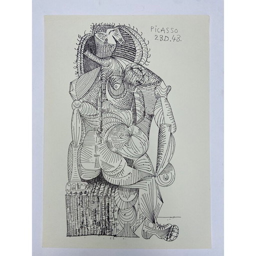 Vintage lithograph sitting woman by Picasso, 1943