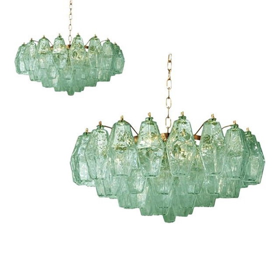 Image 1 of 21St Century Poliedro Murano Glass Green Chandelier With Gold Metal Frame - A Pair