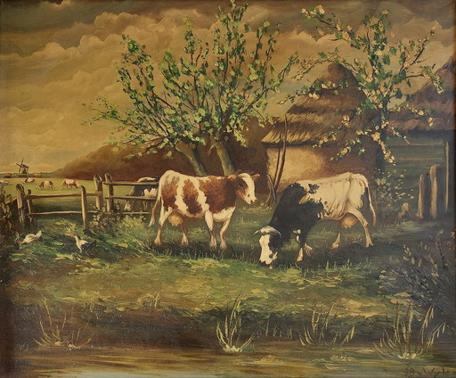 Dutch School (Xx) - Landscape With Farm And Grazing Cows