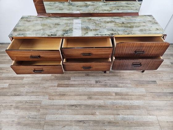 Image 1 of Mid Century Teak Chest Of Drawers With Large Mirror And Worked Glass