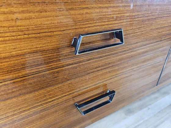 Image 1 of Mid Century Teak Chest Of Drawers With Large Mirror And Worked Glass