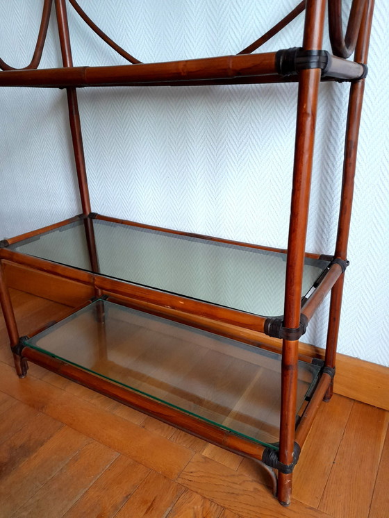 Image 1 of Large Rattan And Smoked Glass Shelf 1960