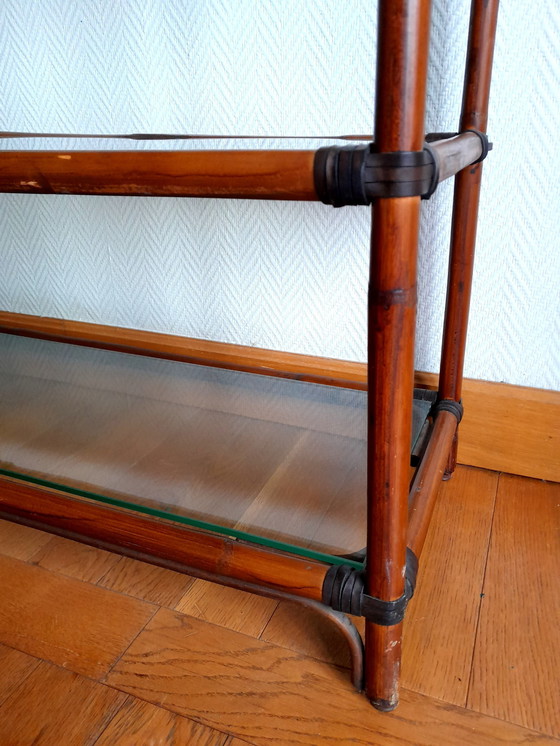 Image 1 of Large Rattan And Smoked Glass Shelf 1960