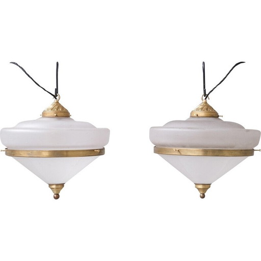 Vintage brass and glass pendant lamps, France 1960