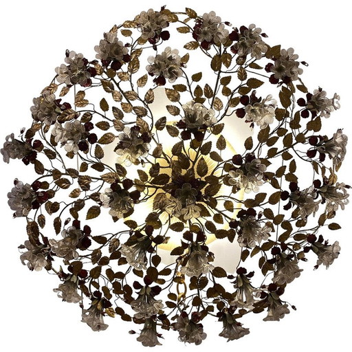 Round vintage Murano glass and brass chandelier