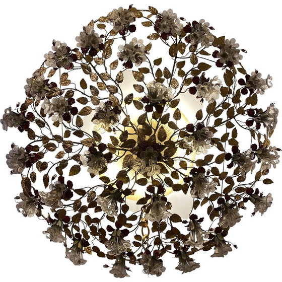 Image 1 of Lampadario rotondo vintage in vetro di Murano e ottone