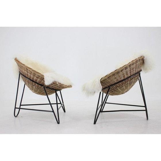 Image 1 of Pair of vintage woven rattan chairs with sheepskin, Germany 1960