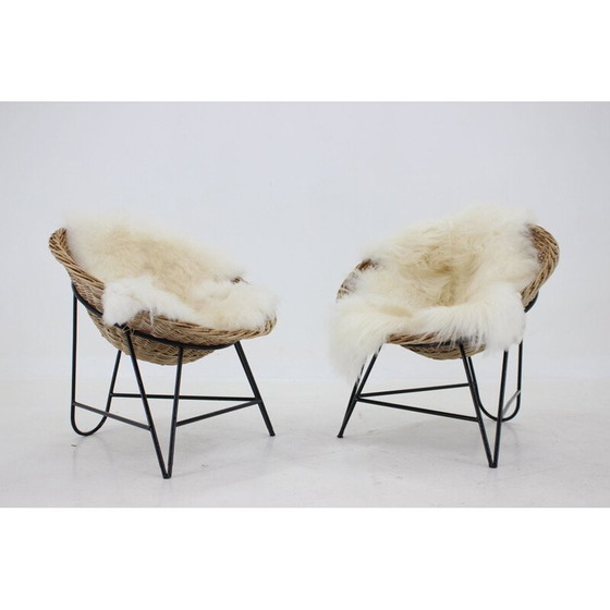 Image 1 of Pair of vintage woven rattan chairs with sheepskin, Germany 1960