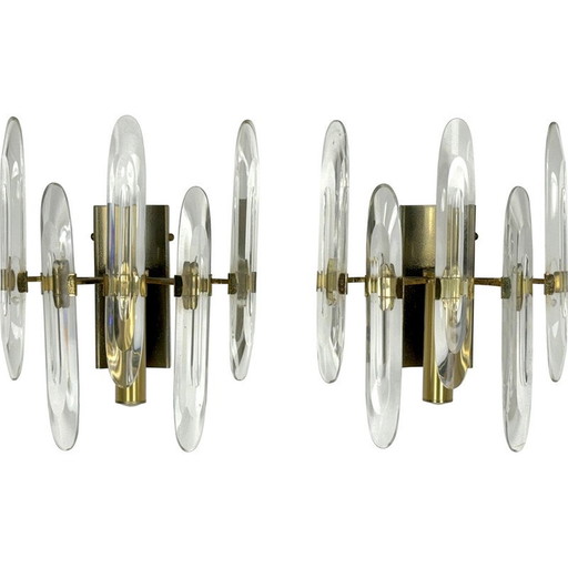Pair of vintage wall lamps in glass and gilded brass by Sciolari, Italy 1970s