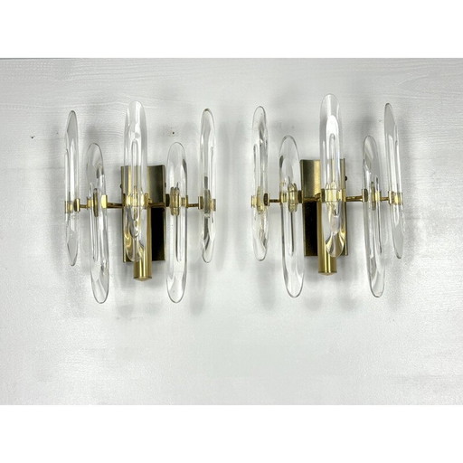 Pair of vintage wall lamps in glass and gilded brass by Sciolari, Italy 1970s