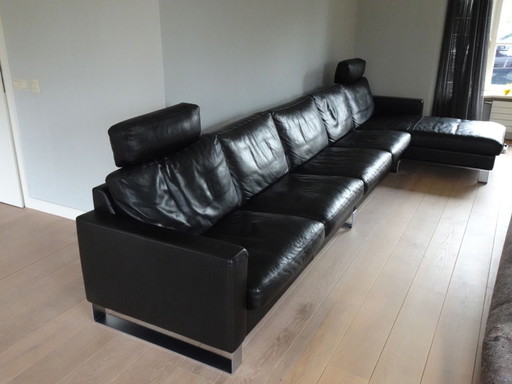 Erpo Black Leather Sofa With Chaise Longe