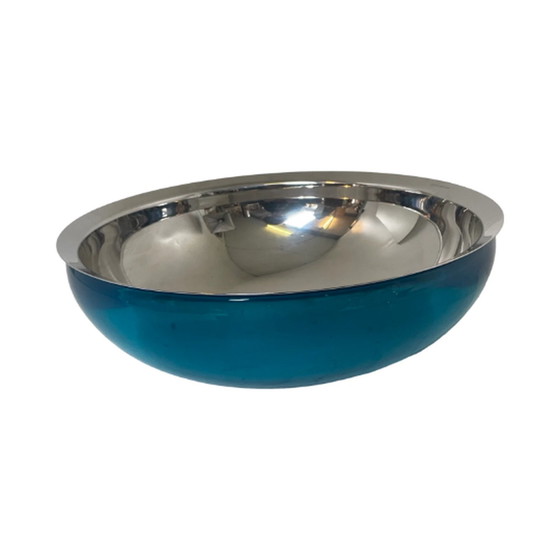 Image 1 of Miriam Mirri for Alessi - Bowl (two parts) / Salad or fruit bowl - Model ‘Super Love’ - Stainless steel with bright blue pastoc 