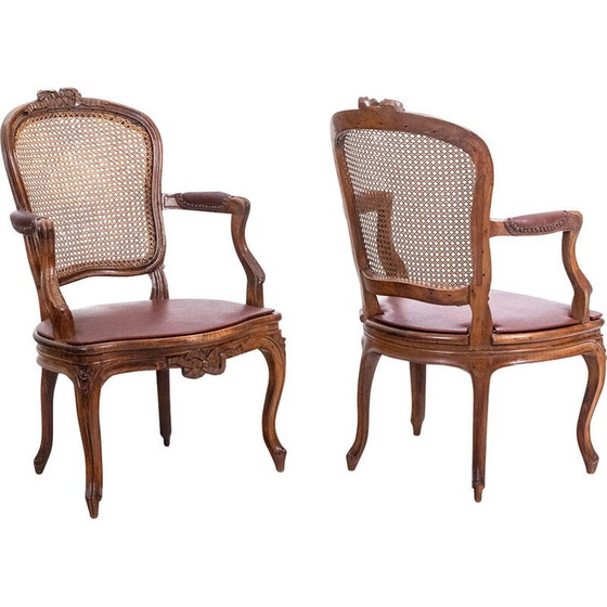 Image 1 of Pair of vintage "cabriolet" armchairs in walnut and canework, France 1760