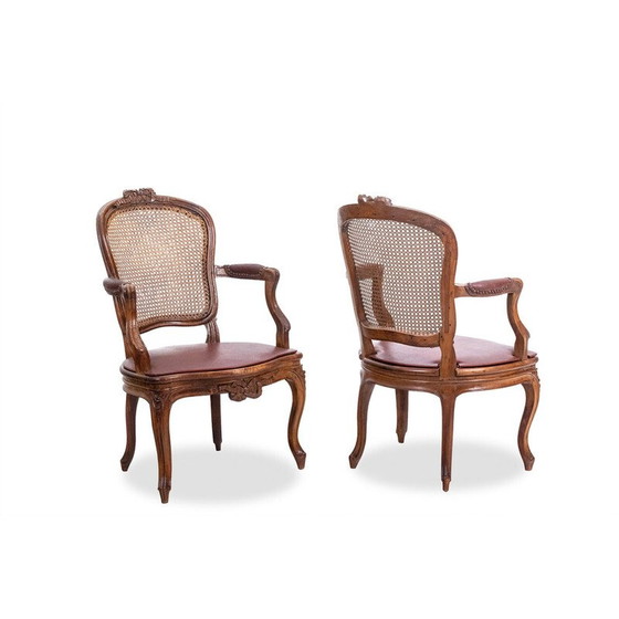 Image 1 of Pair of vintage "cabriolet" armchairs in walnut and canework, France 1760
