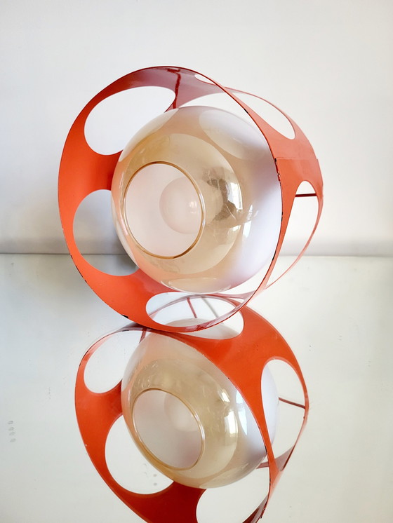 Image 1 of Lampada a sospensione Space Age, metallo arancione, sfera in vetro opalino, anni &#39;60-&#39;70