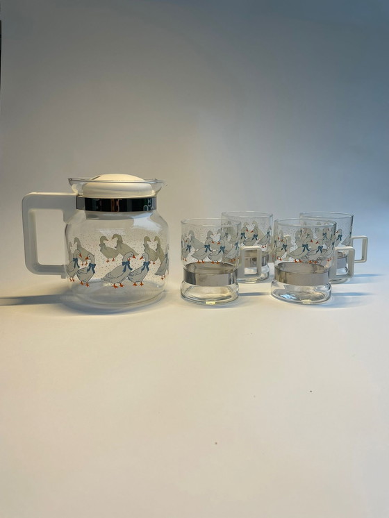 Image 1 of 4 Glass Cups And Thee Pot Set With Geese