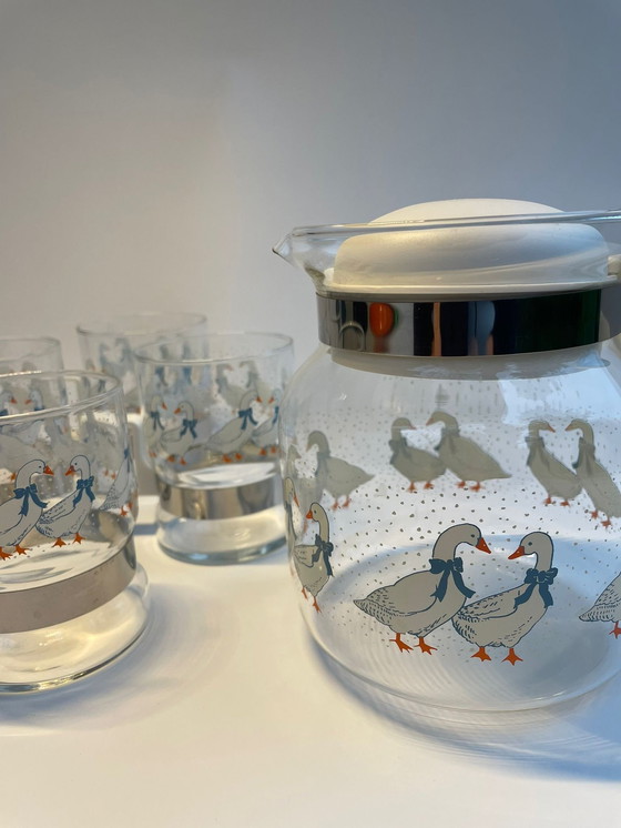 Image 1 of 4 Glass Cups And Thee Pot Set With Geese