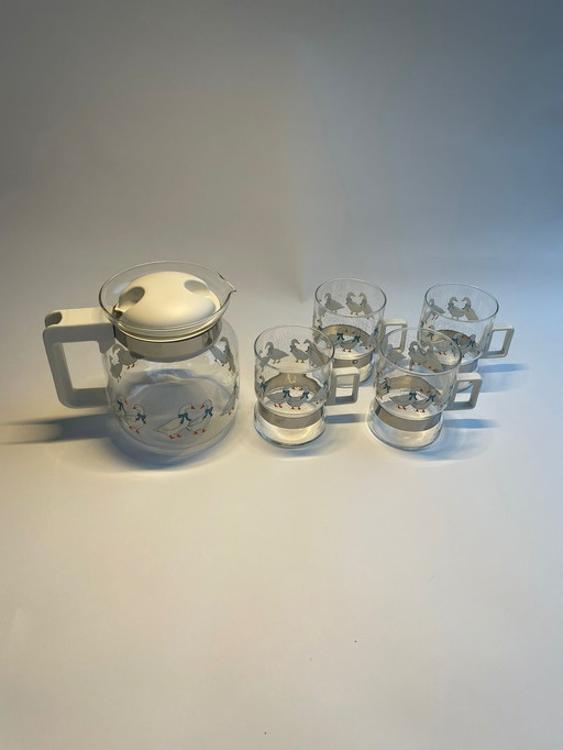 4 Glass Cups And Thee Pot Set With Geese