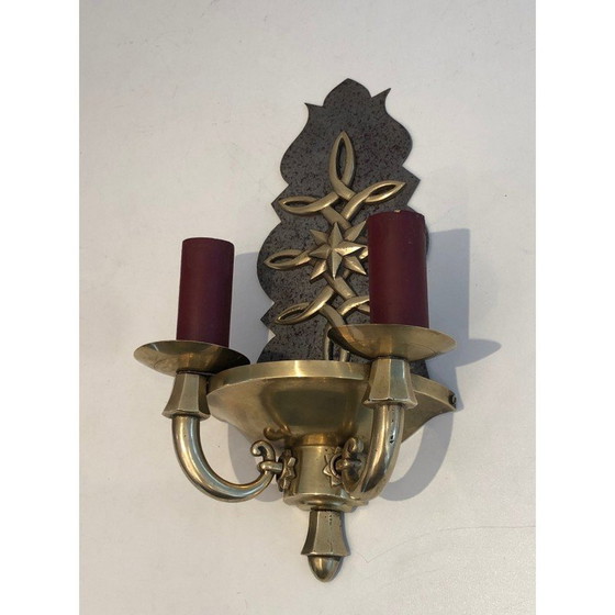 Image 1 of Pair of vintage Art Deco brass and steel wall lamps, France 1930s