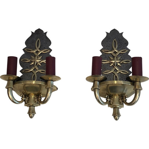 Pair of vintage Art Deco brass and steel wall lamps, France 1930s