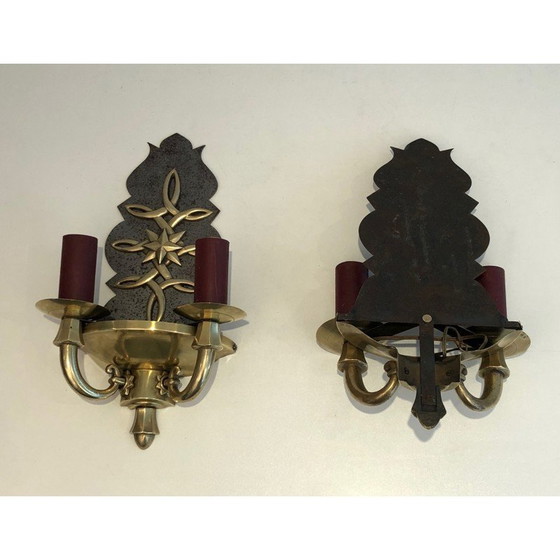 Image 1 of Pair of vintage Art Deco brass and steel wall lamps, France 1930s