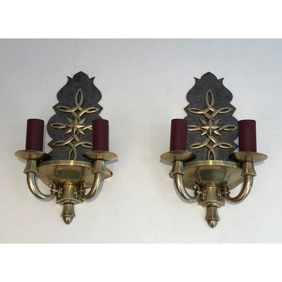 Image 1 of Pair of vintage Art Deco brass and steel wall lamps, France 1930s