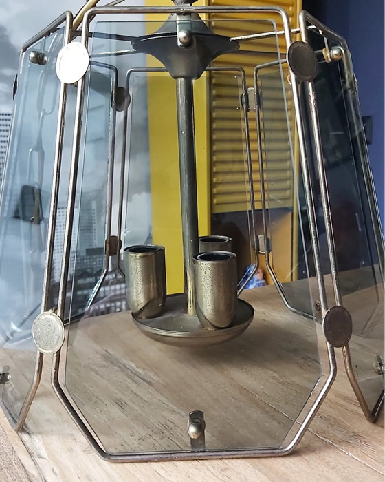 Image 1 of Lampada a sospensione vintage in ottone con vetro fumé