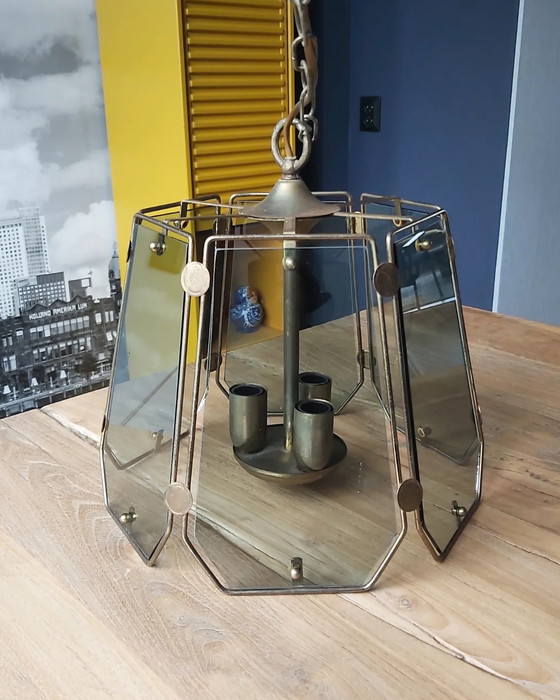 Image 1 of Lampada a sospensione vintage in ottone con vetro fumé