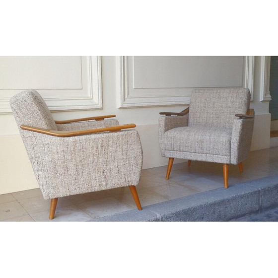 Image 1 of Poltrona Mid-Century in legno e tessuto grigio - anni '50