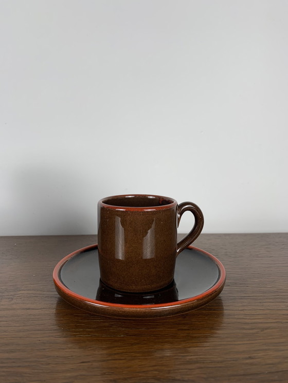 Image 1 of Set Of 6 Coffee Cups With Saucers, Toreboda Sweden, Brown And Red Edging, 1960