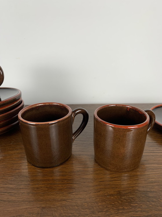 Image 1 of Set Of 6 Coffee Cups With Saucers, Toreboda Sweden, Brown And Red Edging, 1960