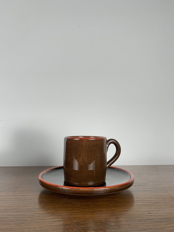 Image 1 of Set Of 6 Coffee Cups With Saucers, Toreboda Sweden, Brown And Red Edging, 1960