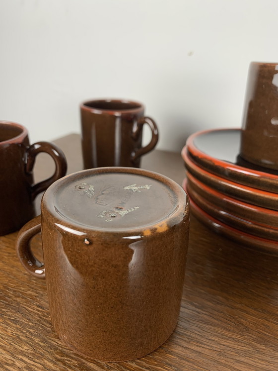 Image 1 of Set Of 6 Coffee Cups With Saucers, Toreboda Sweden, Brown And Red Edging, 1960