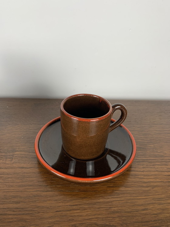 Image 1 of Set Of 6 Coffee Cups With Saucers, Toreboda Sweden, Brown And Red Edging, 1960