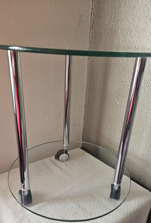 Side Table of Glass with Chrome on Wheels