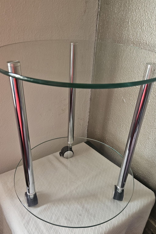 Side Table of Glass with Chrome on Wheels