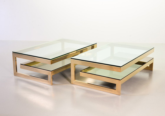 Image 1 of Belgo-Chrom Architectural G-Table Plaqué or 23 carats avec plateau en verre