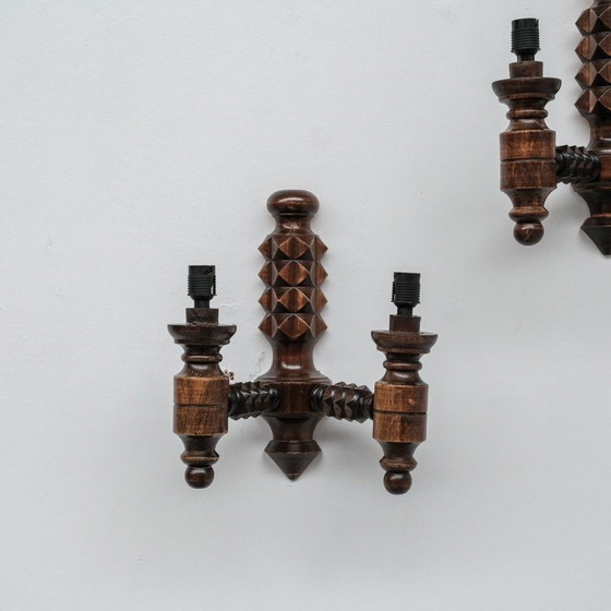 Image 1 of Pair of vintage wooden wall lights, France