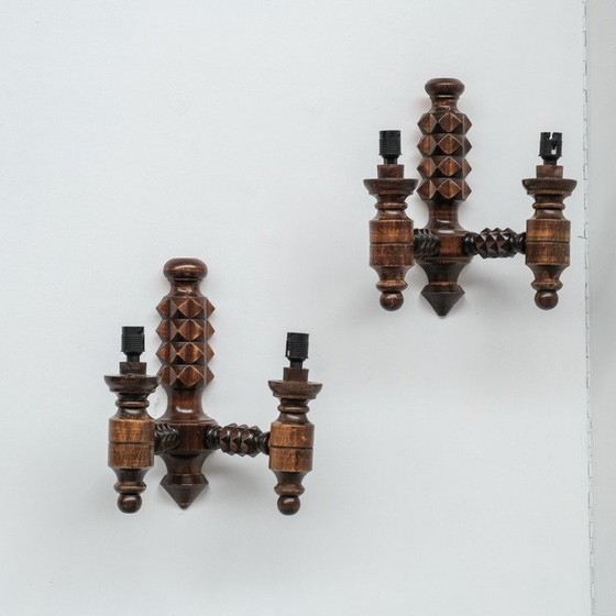 Image 1 of Pair of vintage wooden wall lights, France