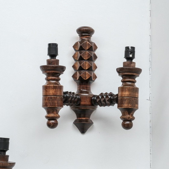 Image 1 of Pair of vintage wooden wall lights, France