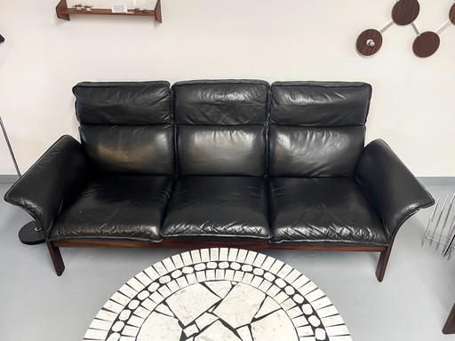 3-Seater Sofa And Two Armchairs In Leather And Teak Three-Point Scala Vintage 1980s